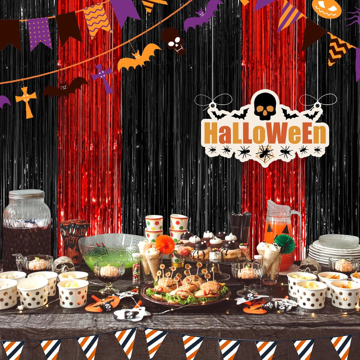 Black Red Fringe Curtain Party Streamers 2Pack 3.3 x 8.3 Ft Foil Fringe Backdrop Curtains for
