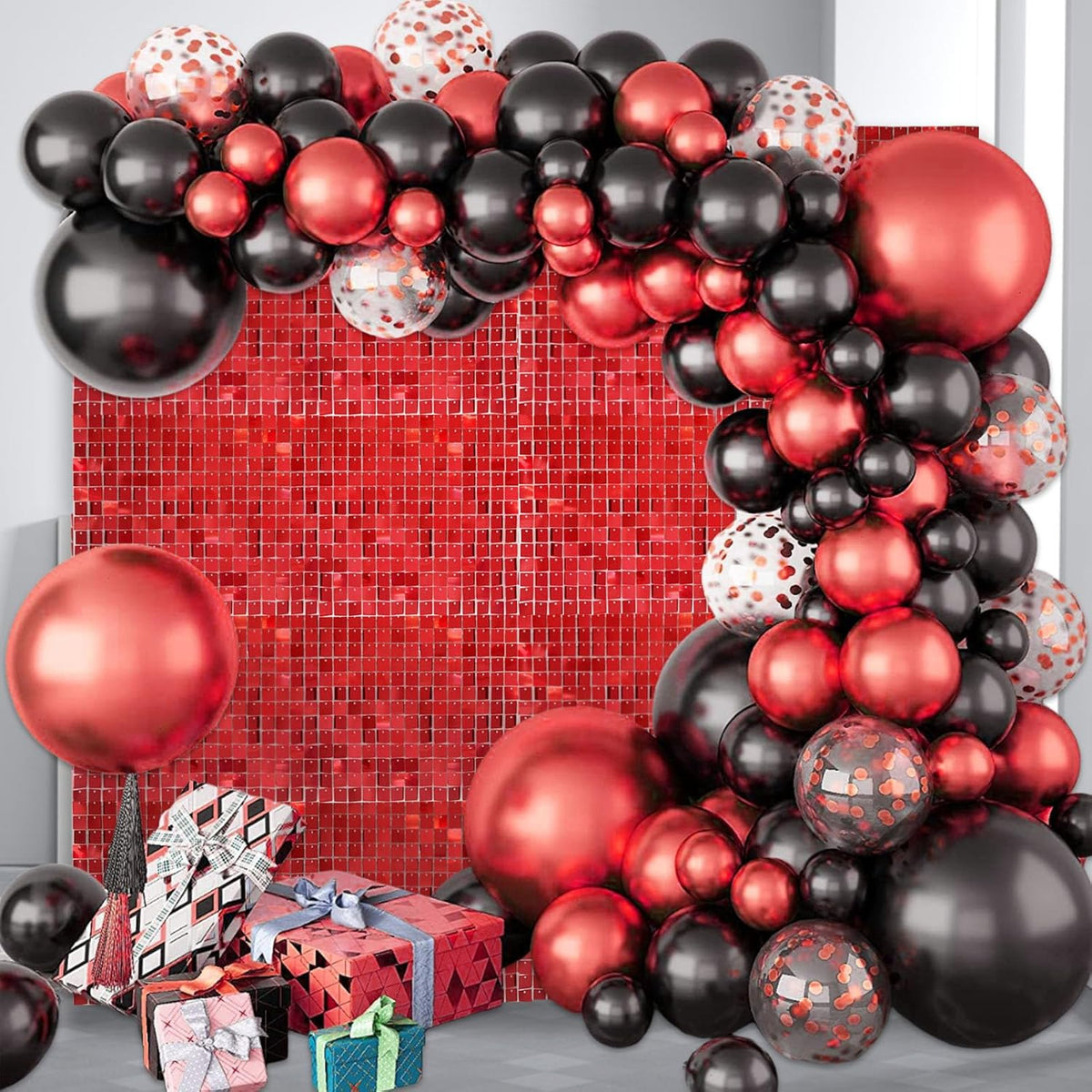 24PCS Red Shimmer Wall Backdrop, Square Sequin Backdrops Panel, Glitter Wall Background for
