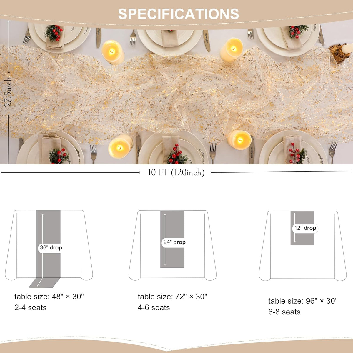 Snowkingdom 10 Ft Gold Table Runner, Sheer Chiffon Tulle Cheesecloth Golden Sequin Glitter Metallic
