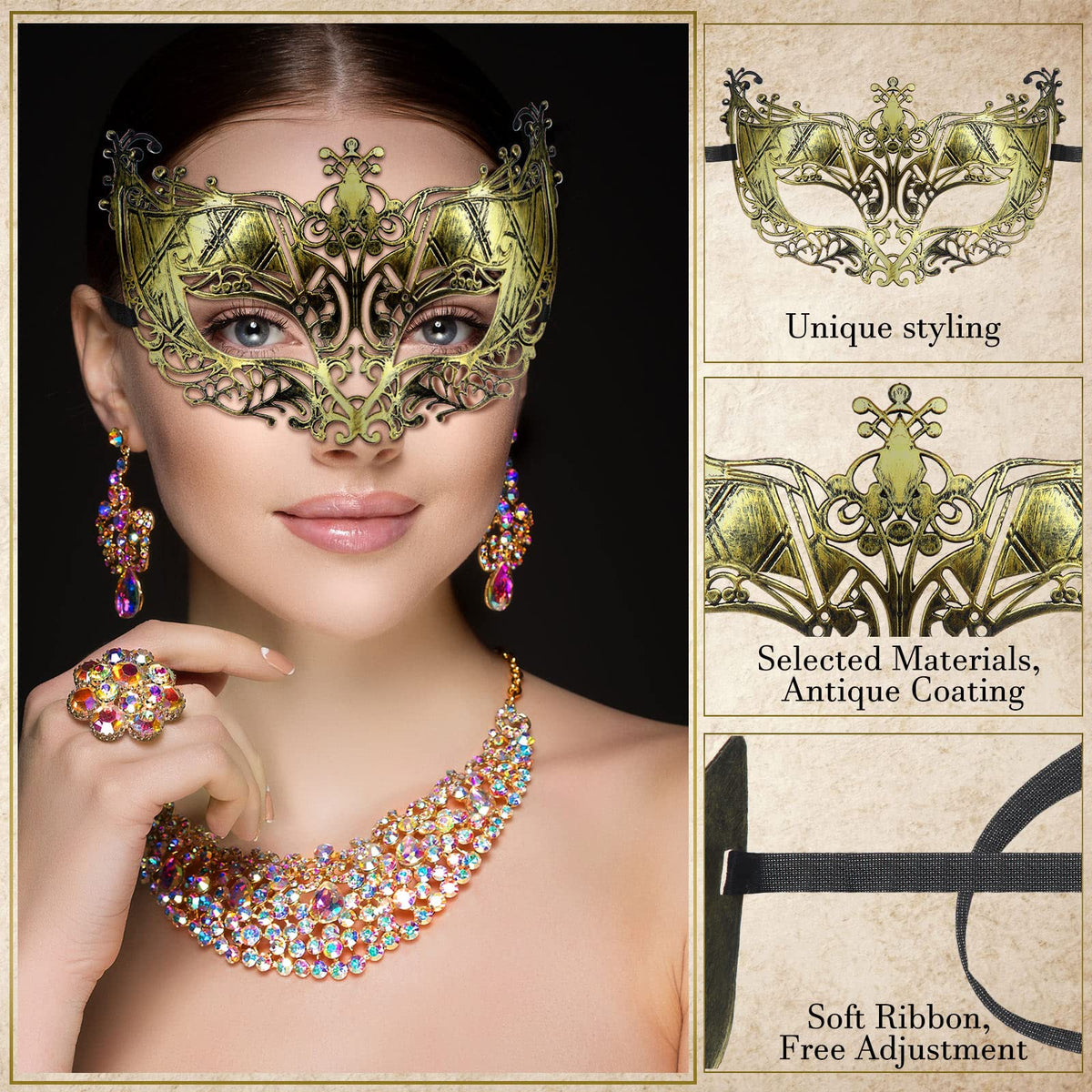 Yunsailing Masquerade Masks with Straps for Women Men,Gold