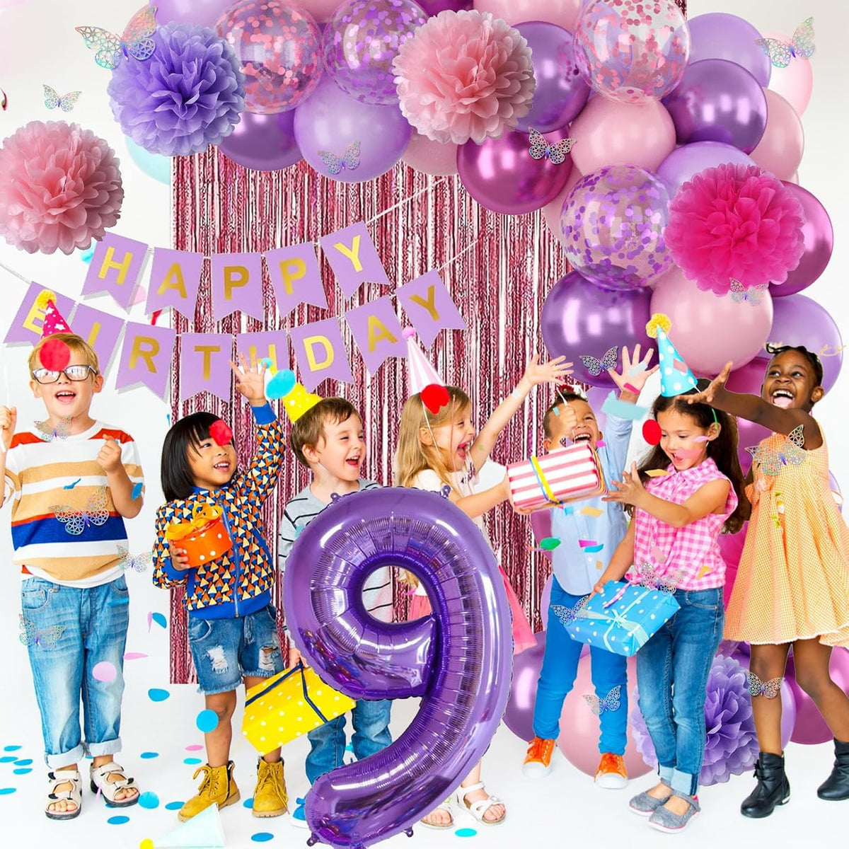 Pink Purple 9th Birthday Party Decorations for Girls Number 9 Balloon Happy Birthday Banner