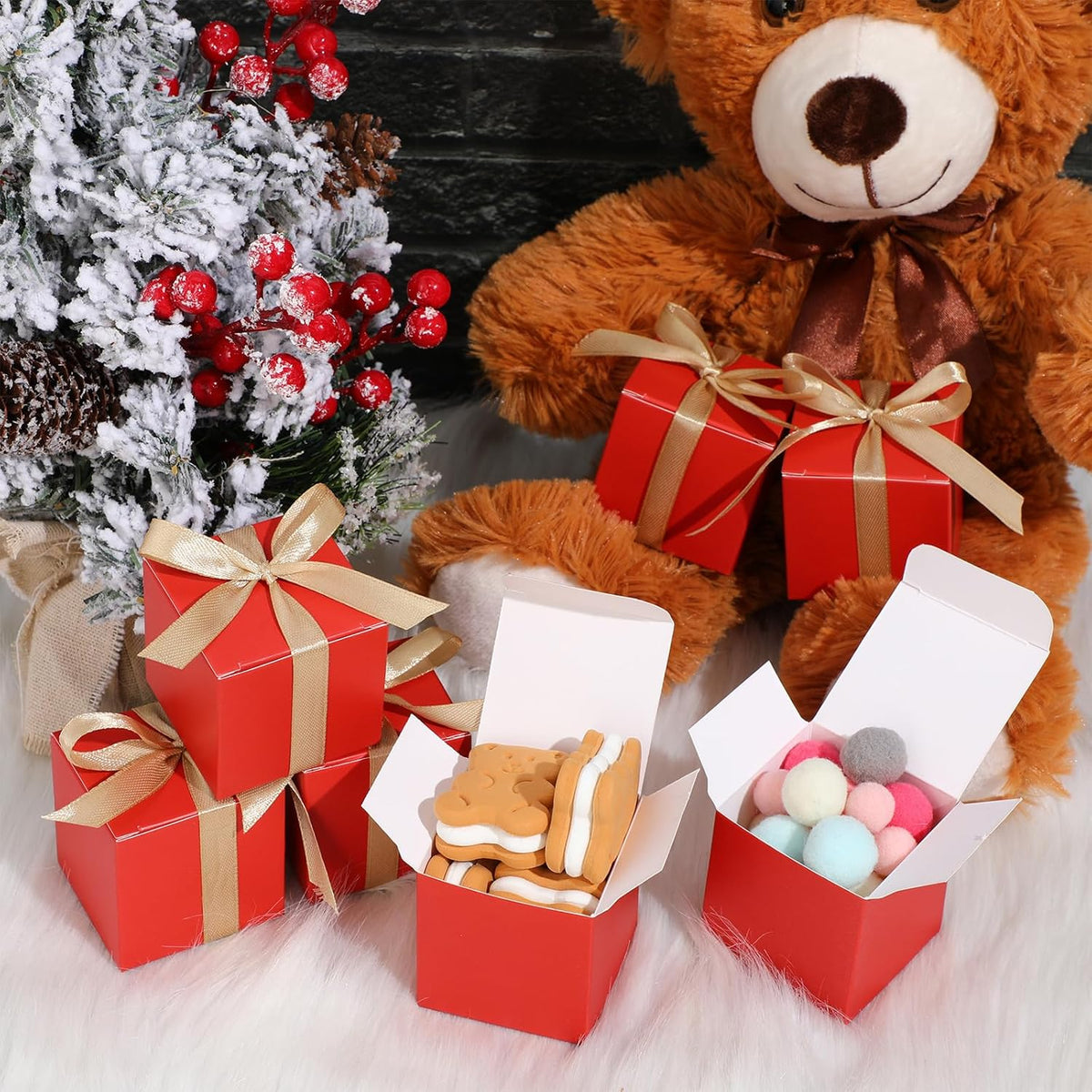 Jutom 100 Pcs Mini Favor Boxes Extra Small Candy Boxes Paper with Gold Ribbon for Christmas
