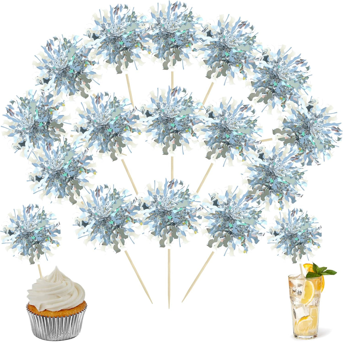 Ephlyn 30Pcs Foil Firework Cupcake Toppers Happy Birthday Cake Toppers Tinsel Flower Drink Stirrers