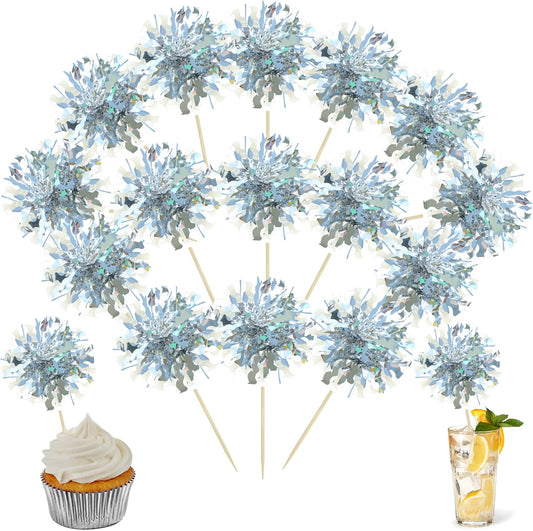 Ephlyn 30Pcs Foil Firework Cupcake Toppers Happy Birthday Cake Toppers Tinsel Flower Drink Stirrers
