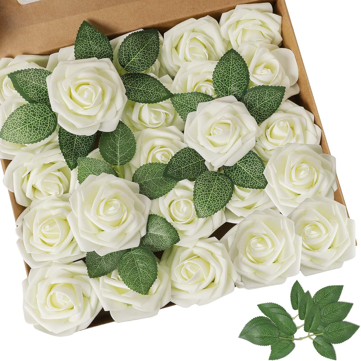 AmyHomie Artificial Flower Ivory Rose 25pcs Real Looking Fake Roses w/Stem for DIY Wedding Bouquets