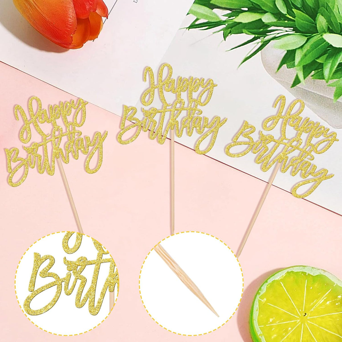 24 PCS Happy Birthday Cupcake Toppers Glitter Picks for Celebrating Anniversary Theme Party Cake