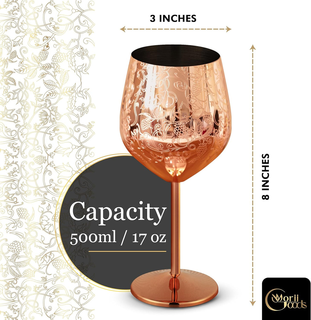 Stainless Steel Wine Glasses – Set of 2 Etched 16 oz Metal Goblets, Unbreakable Rose Gold Cups for