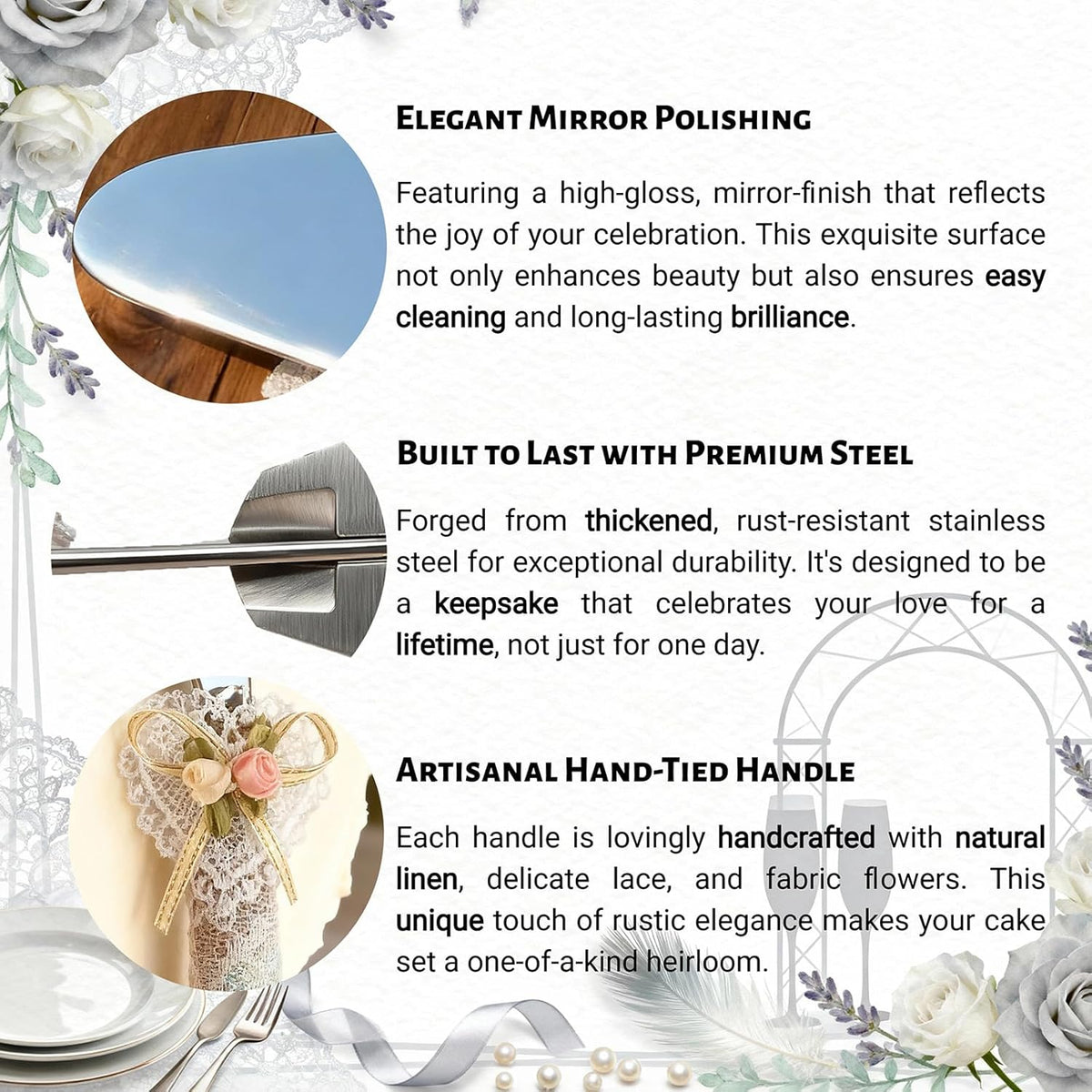 Wedding Cake Knife and Server Set – Rustic Lace Burlap Handle, Stainless Steel Blades, Vintage