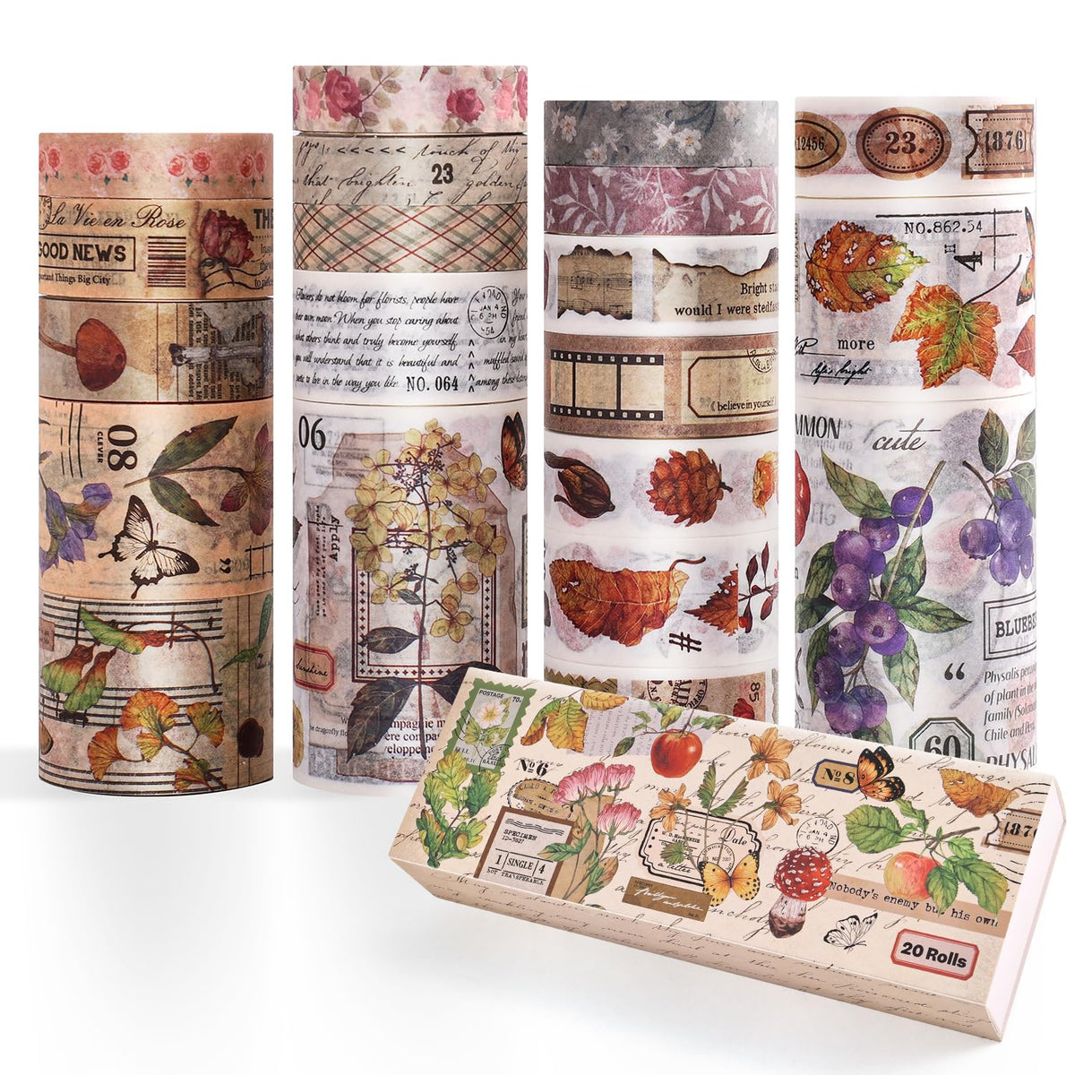 20 Rolls Vintage Washi Tape Set, Floral Letter Butterfly Mushroom Botanical Flower Writable