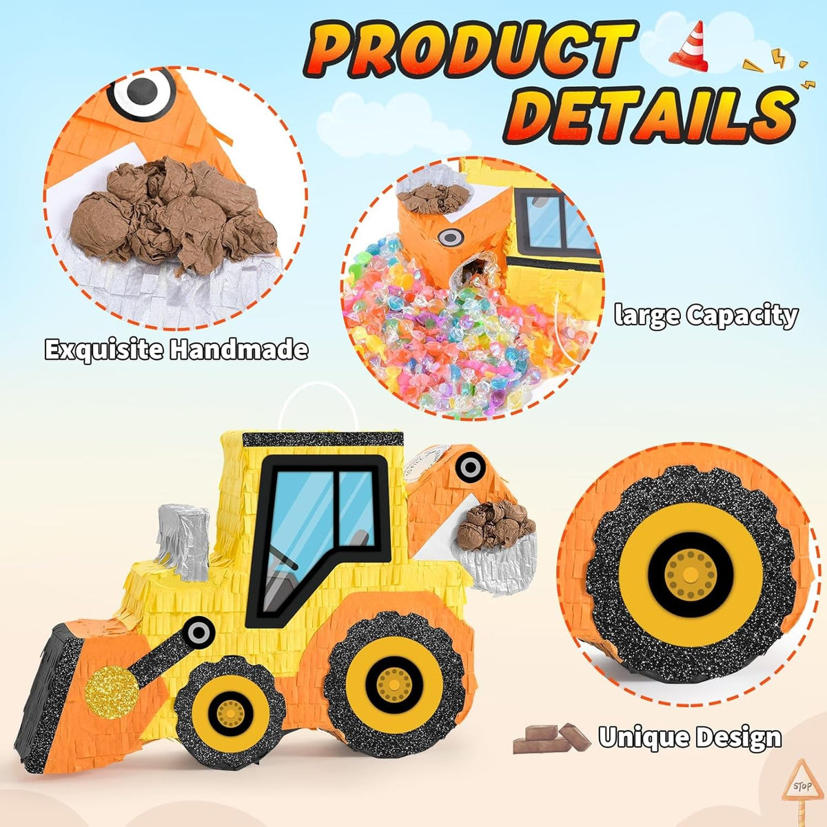 WERNNSAI Construction Pinata - Construction Party Supplies Dump Truck Pinata with Blindfold and Bat