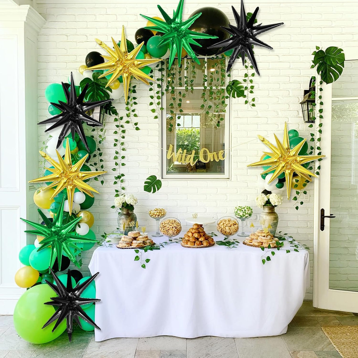 Black Green Gold Star Balloons,9Pcs 22Inch Black Green Gold Explosion Spike Cone Helium Polyester