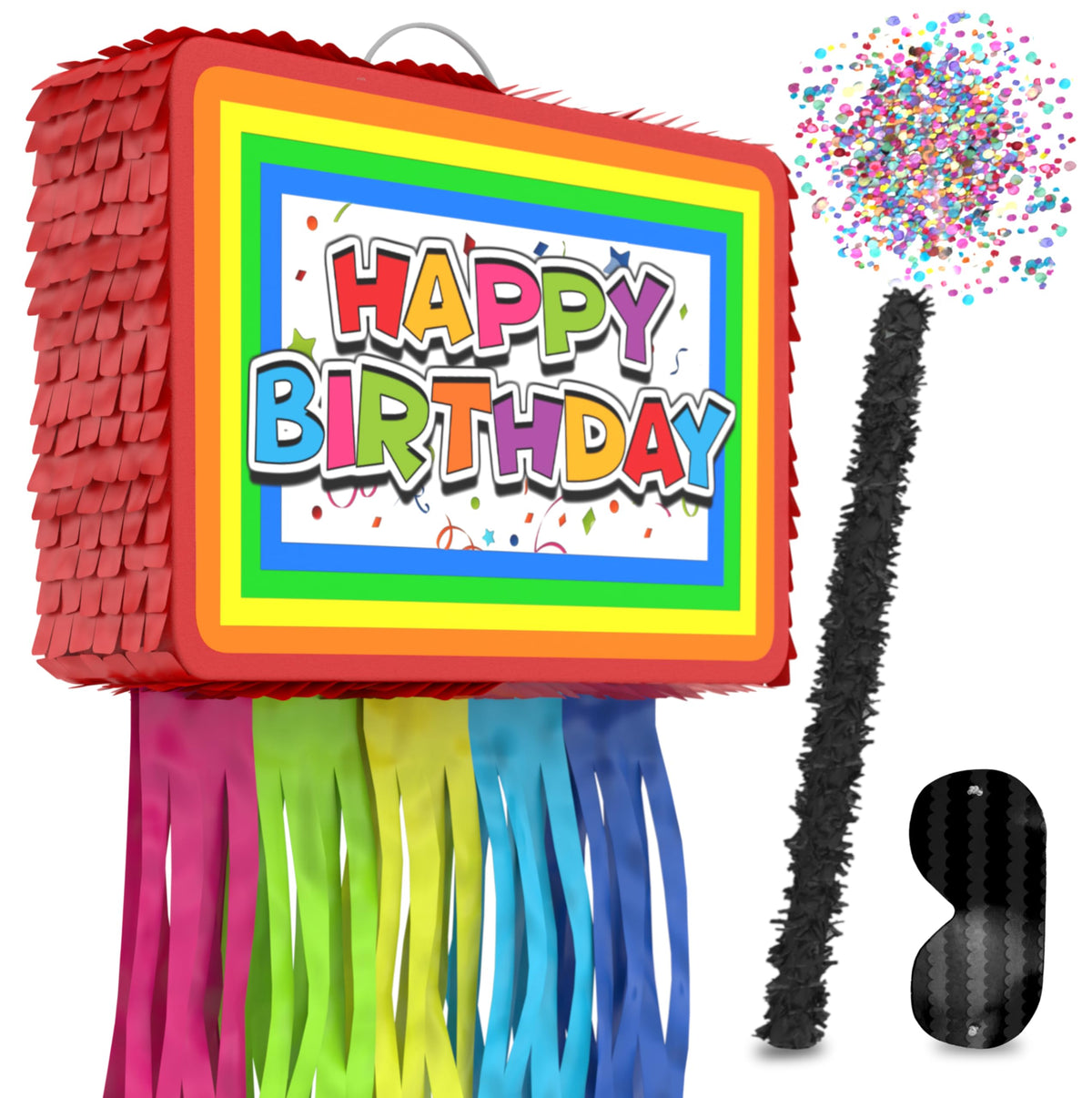 Jergrim Birthday Piñata 4-Piece Set great for Boy, Girl, and Adult party. Happy Birthday