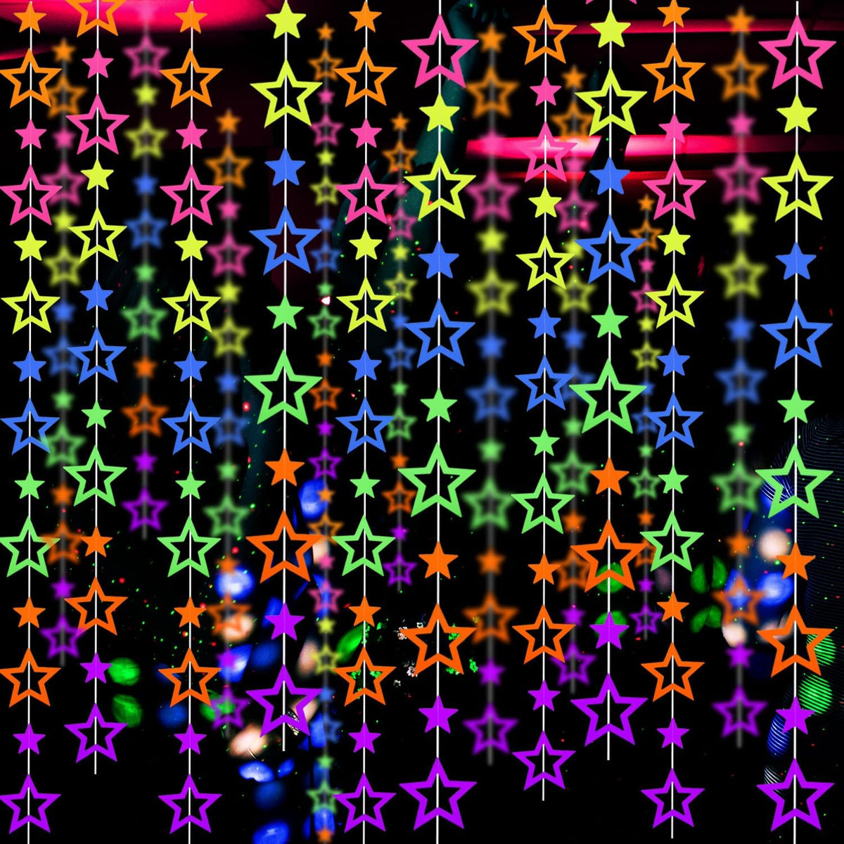 126feet UV Paper Garland Hollowed Star Neon Streamers Black Light Decorations Glow Party UV
