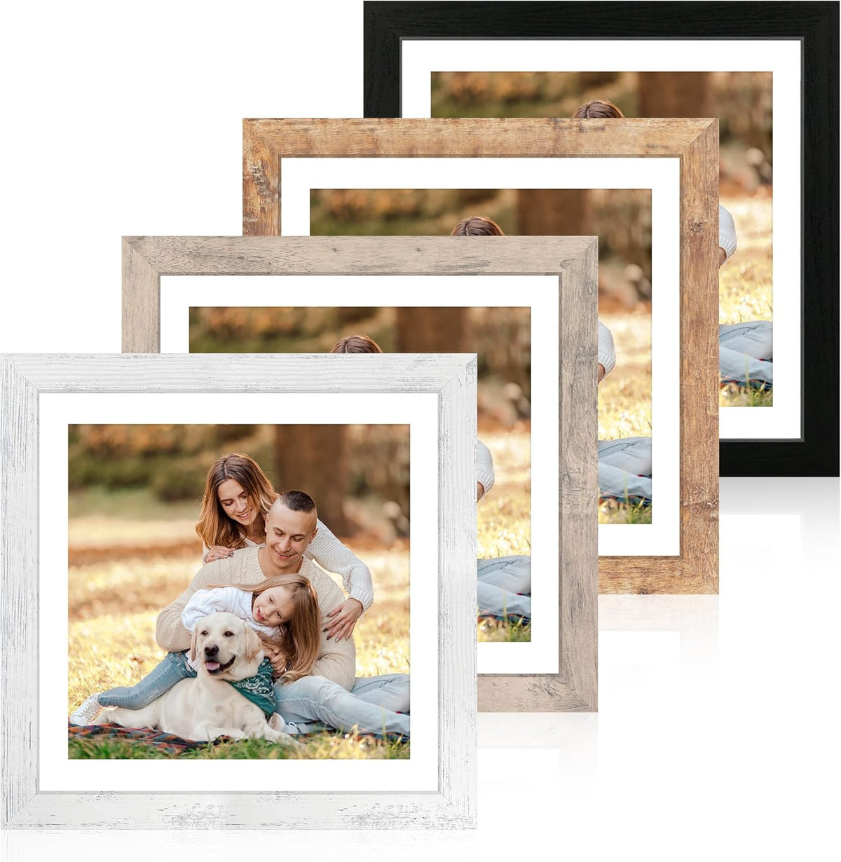 12x12 Picture Frame Set of 4 with Tempered Glass, Display 10x10 Picture with Mat or 12 x 12 Without