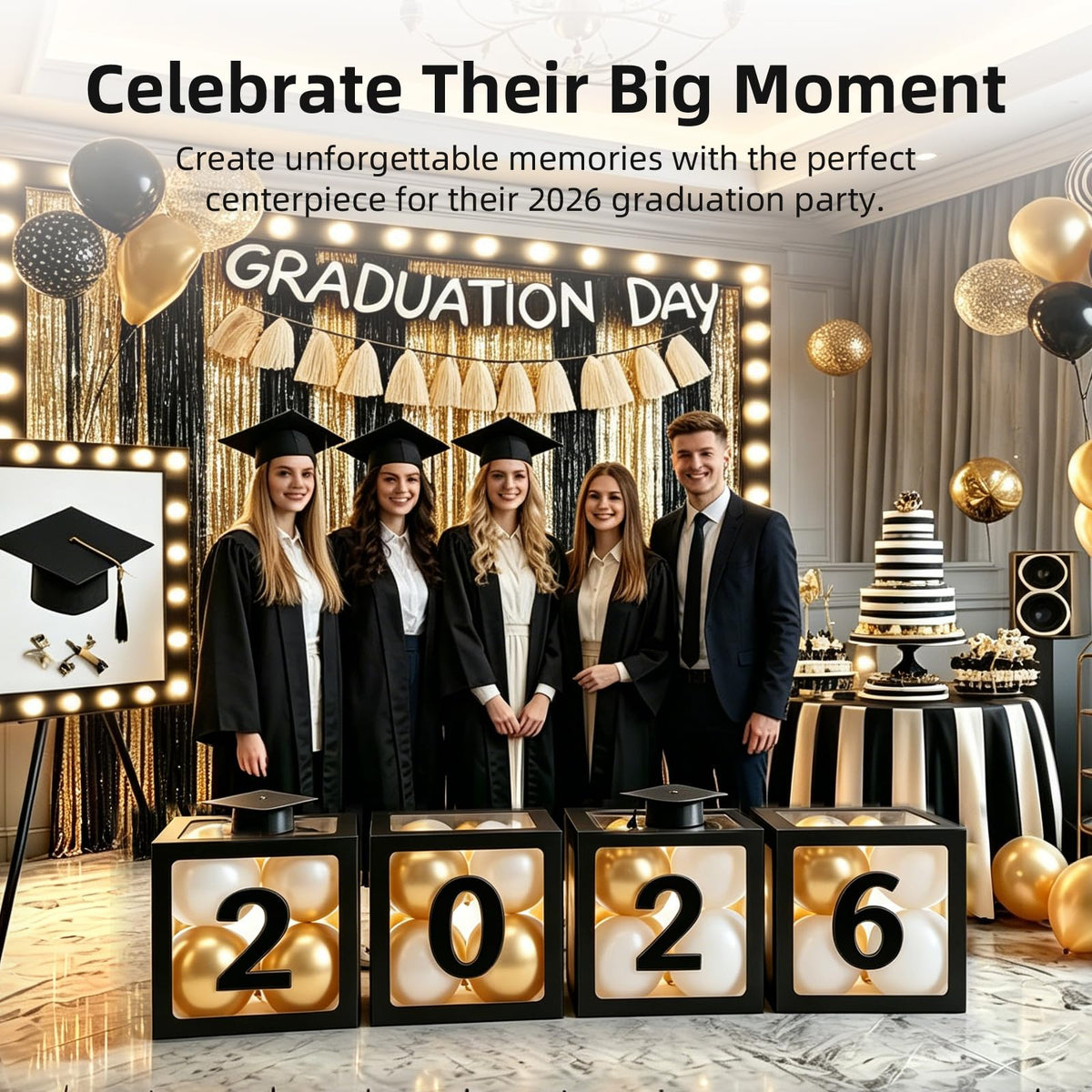 2026 Graduation Party Decorations - Black Balloon Boxes with Letters, "GRAD" & "So Proud of You" &