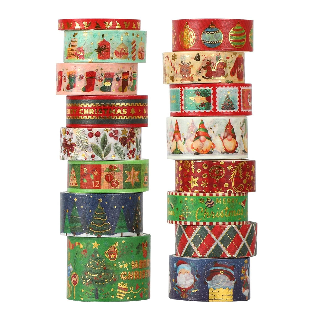 16 Rolls Christmas Washi Tape Holiday Masking Tape 4 Sizes Red Green Christmas Wrapping Tape Glod