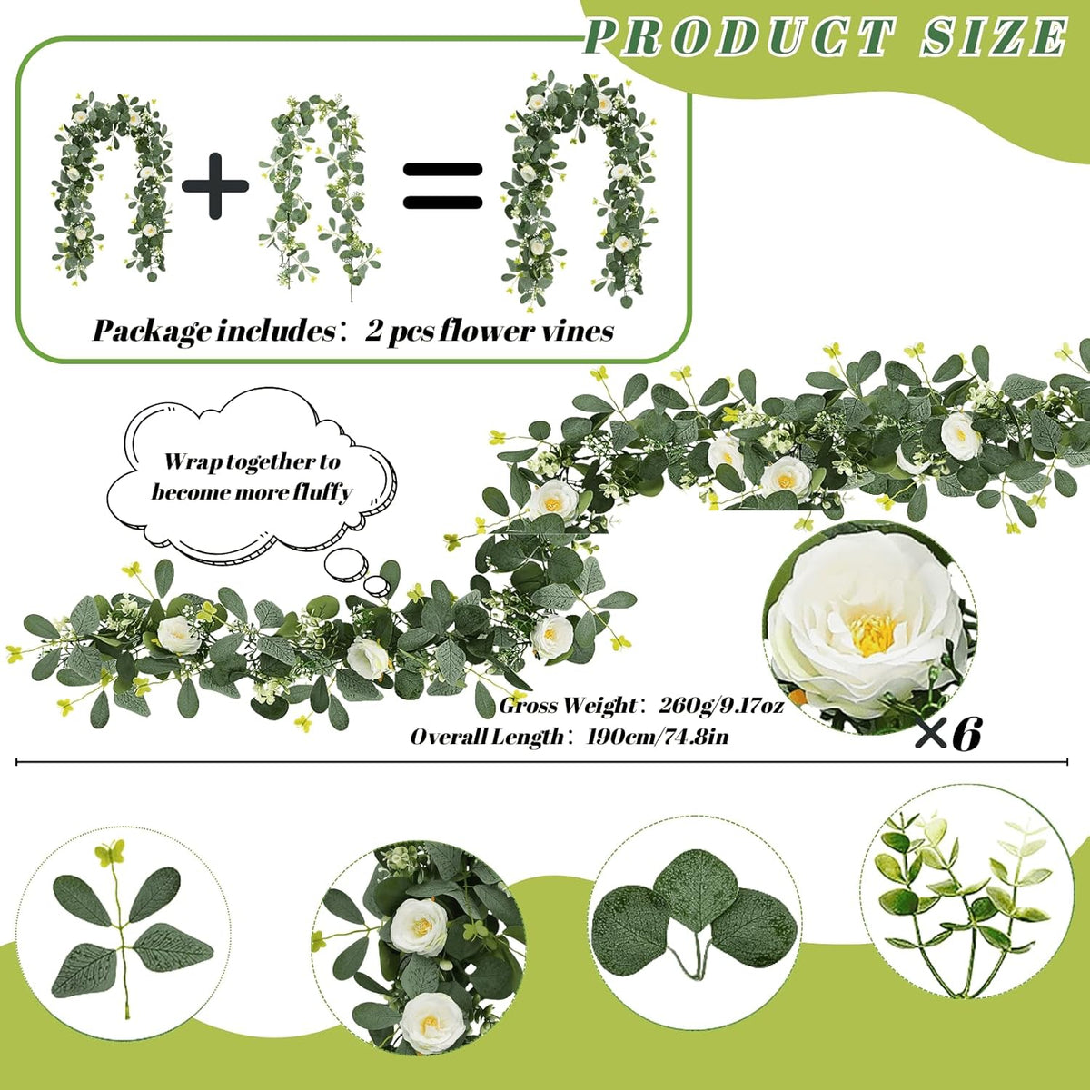 ASTRYAS 2 Pack 6.23Ft Artificial Eucalyptus Garland with Flowers, Fake Rose Garland Greenery