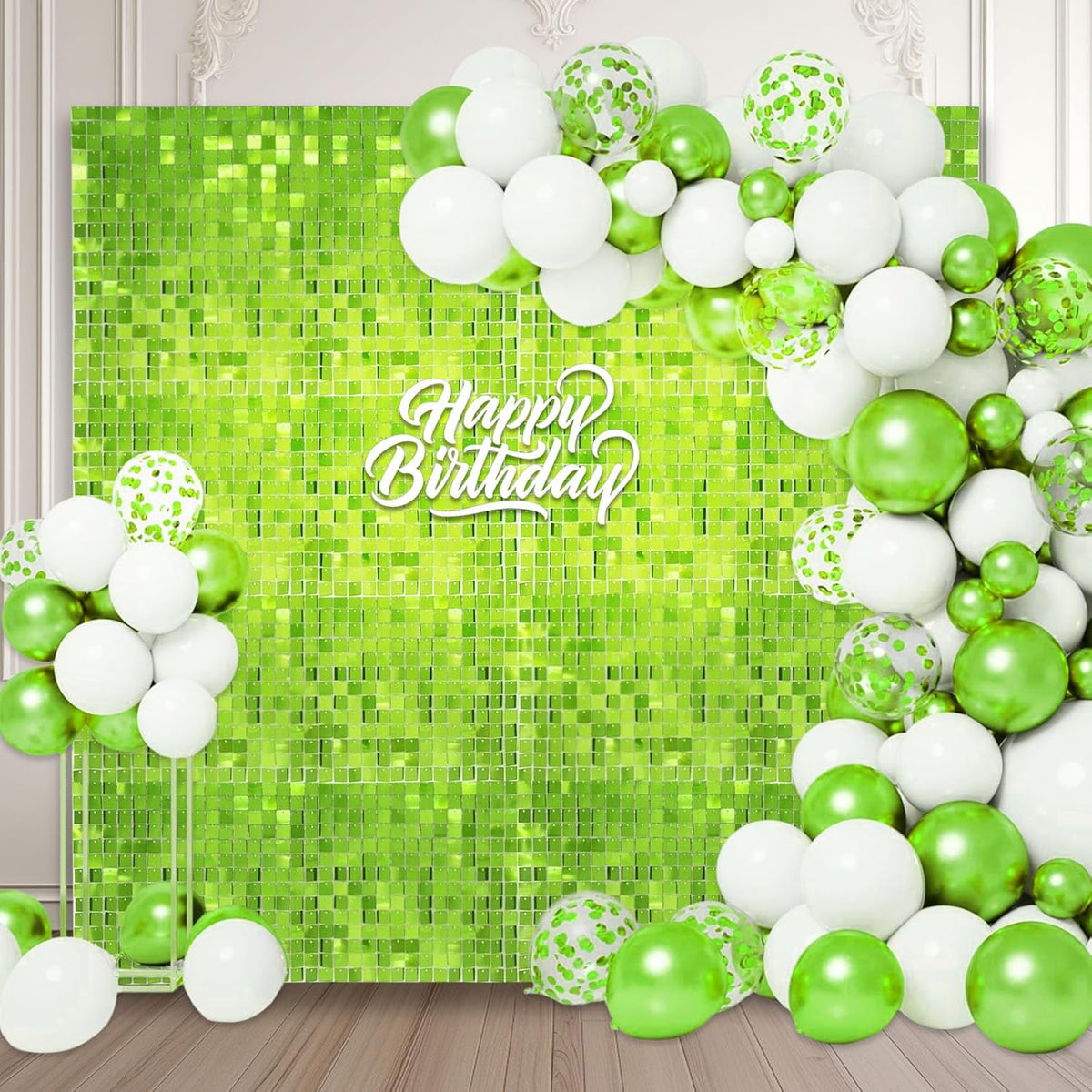 12PCS Green Shimmer Wall Backdrop, Square Sequin Photo Backdrops Panel, Glitter Wall Background for