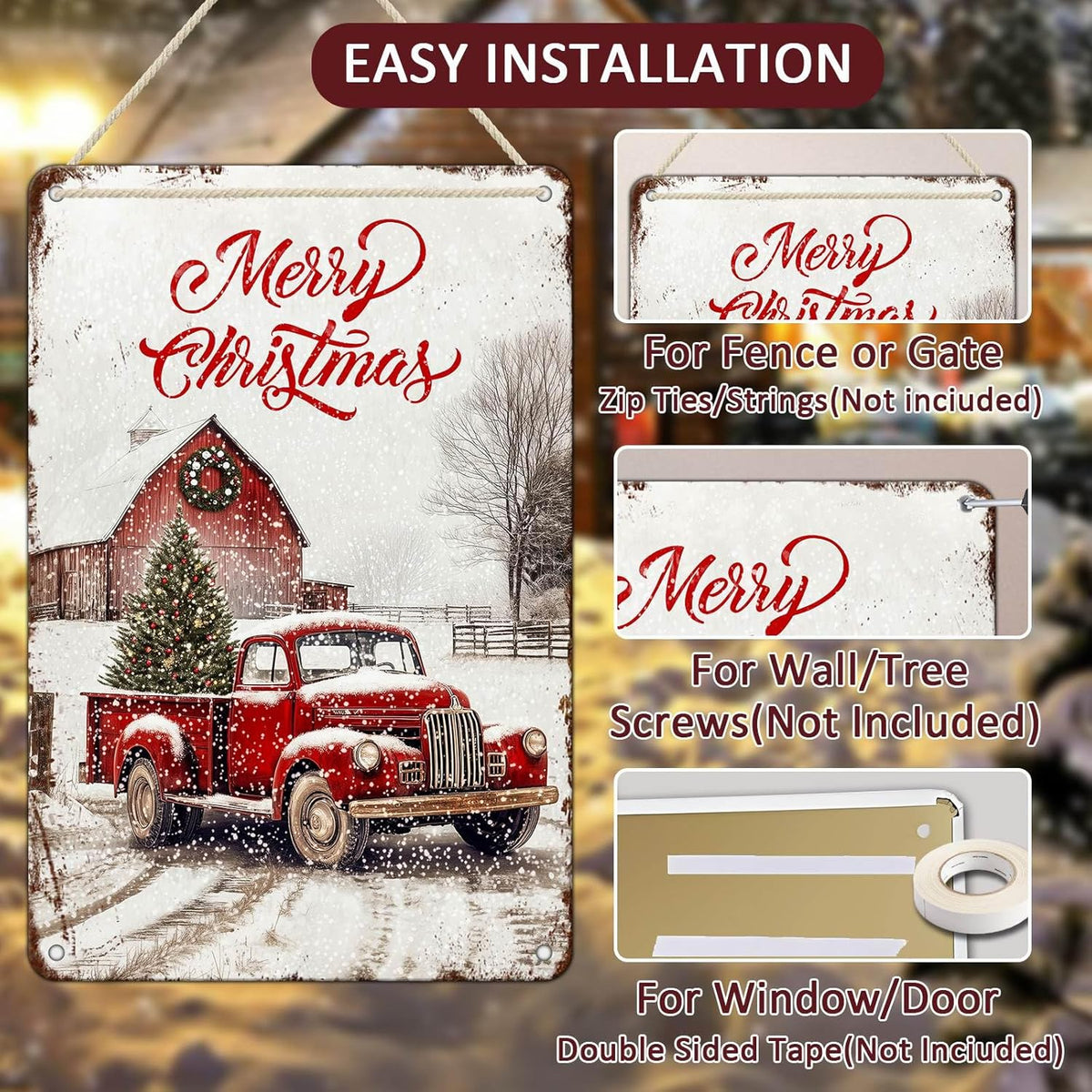 Vintage Christmas Red Truck Tin Sign Merry Christmas Truck Christmas Tree Metal Tin Sign Winter