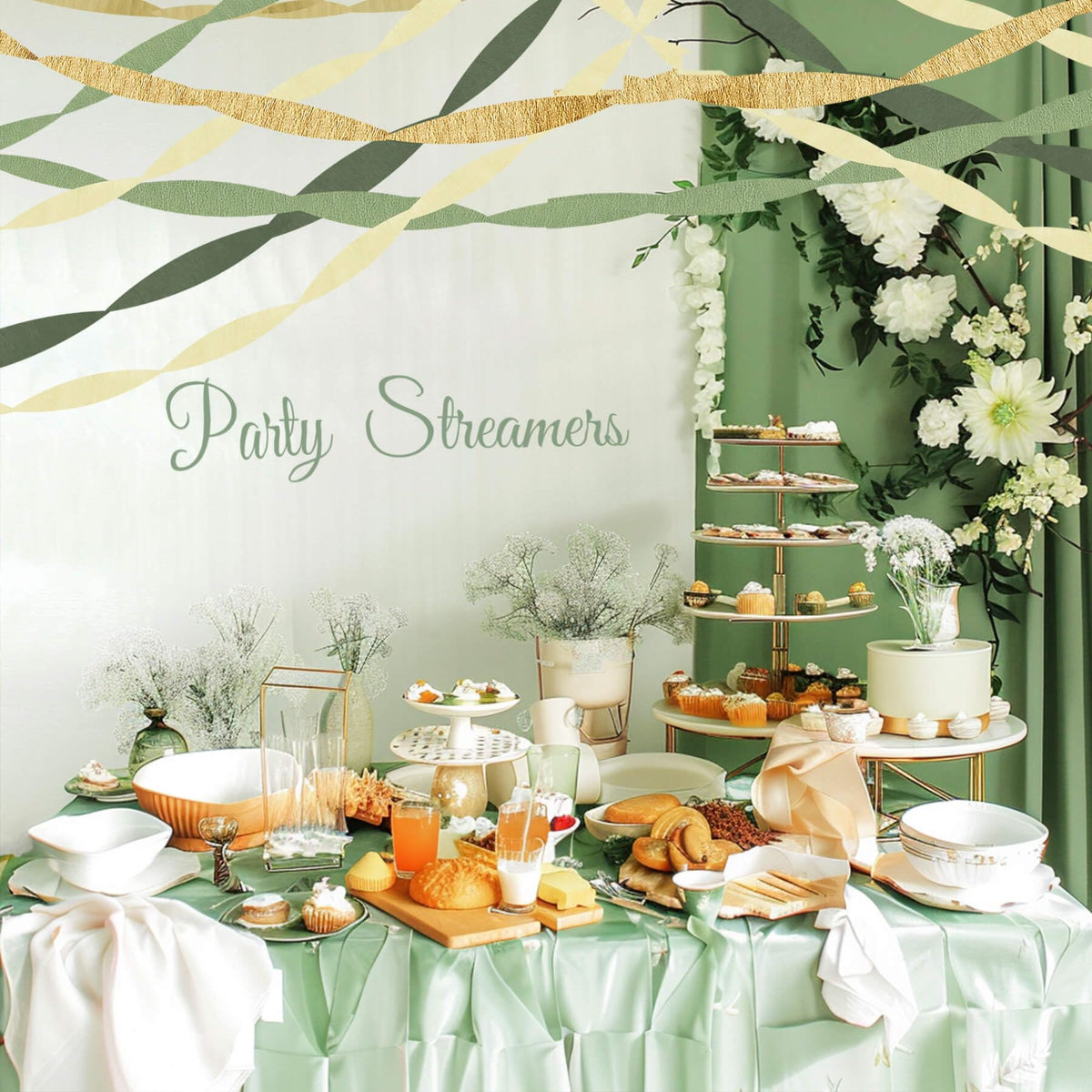 Kiwayo Birthday Baby Shower Decorations, Sage Green Gold Crepe Paper Streamers Party Decorations(5