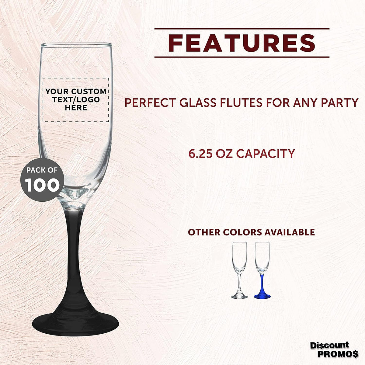 DISCOUNT PROMOS Custom Premiere Champagne Flutes 6.25 oz. Set of 100, Personalized Bulk Pack