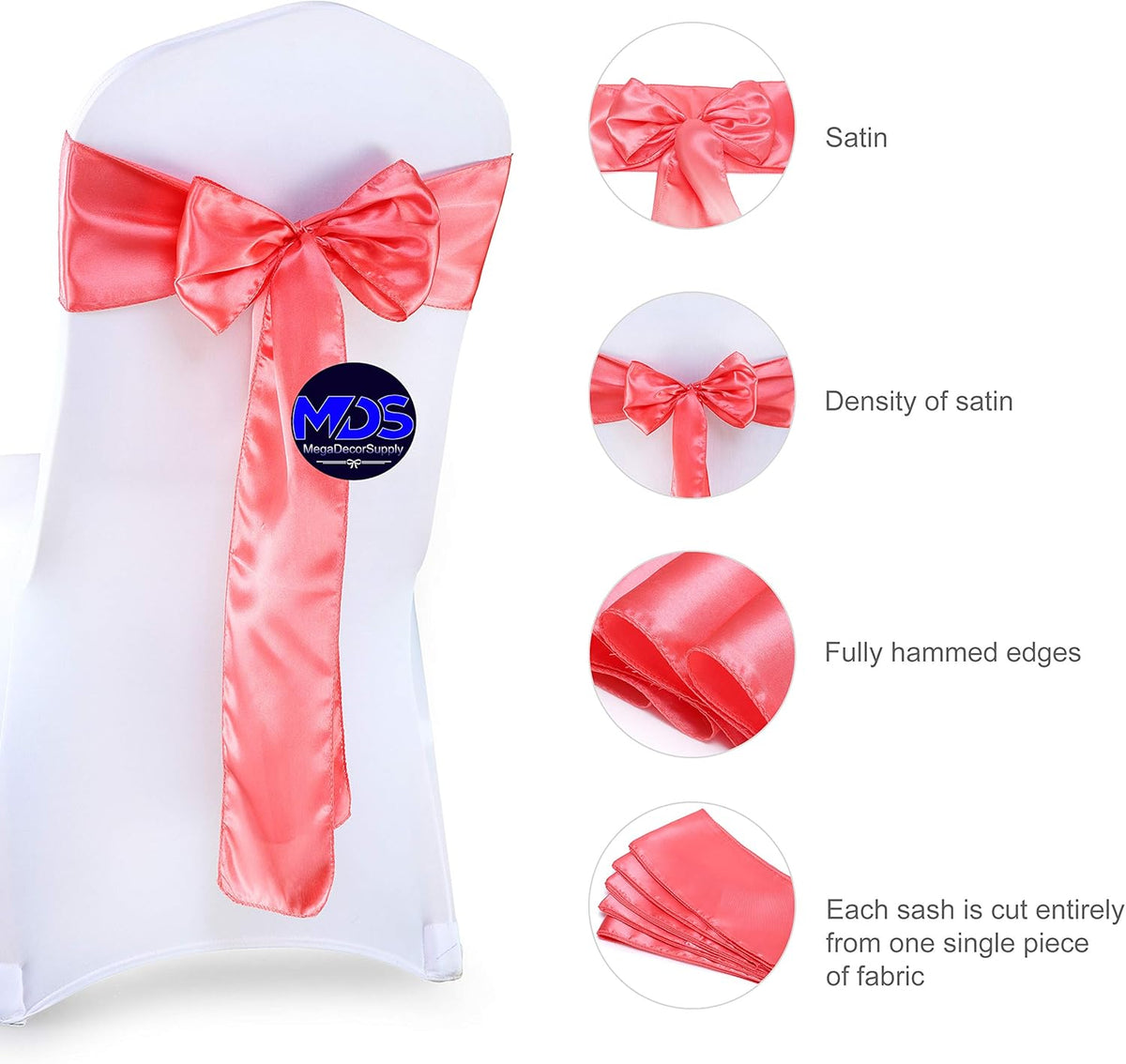 MDS Pack of 50 PCS Satin Chair Sashes Charmeuse Sateen Dining Chair Bows Ribbon Ties Back Sash for