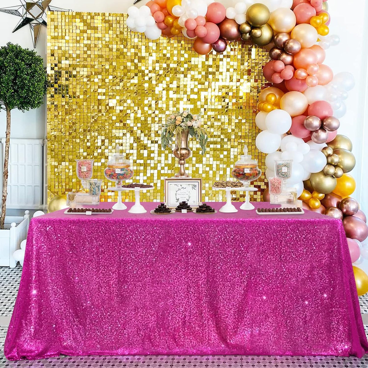 QueenDream Hot Pink Wedding Sequin Tablecloth 90 x 156 Inch Rectangle Glitter Table Cloth for