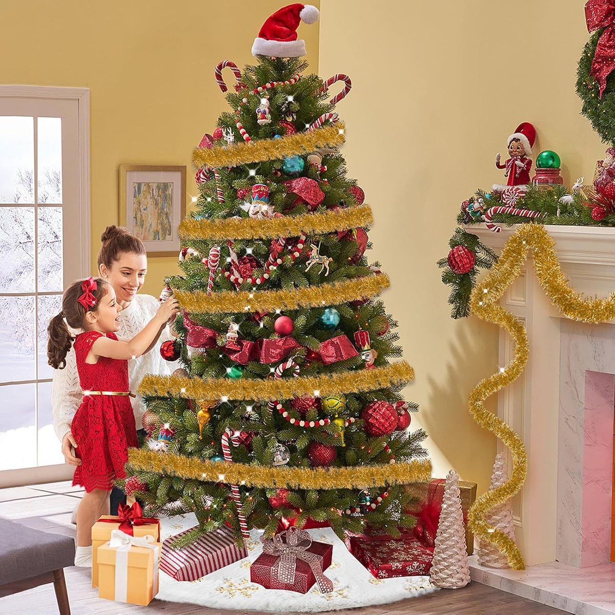 25 Feet Christmas Tinsel Garland, Metallic Twist Wall Hanging Backdrop for Parade Floats, Christmas