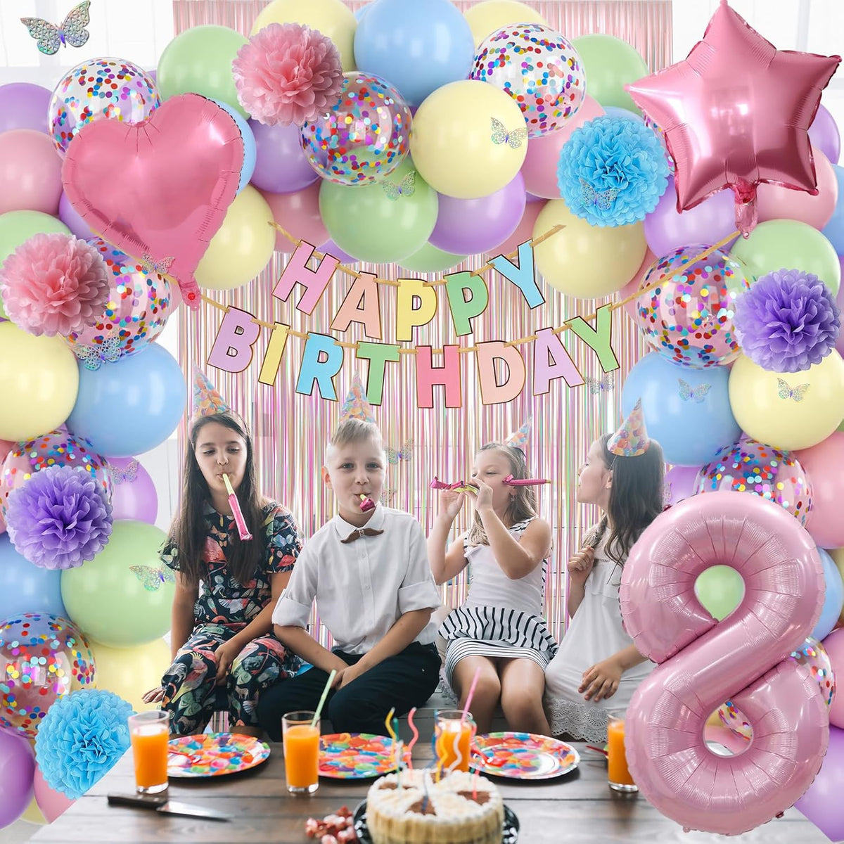 Pastel 8th Birthday Party Decorations for Girls Number 8 Balloon Happy Birthday Banner Butterfly