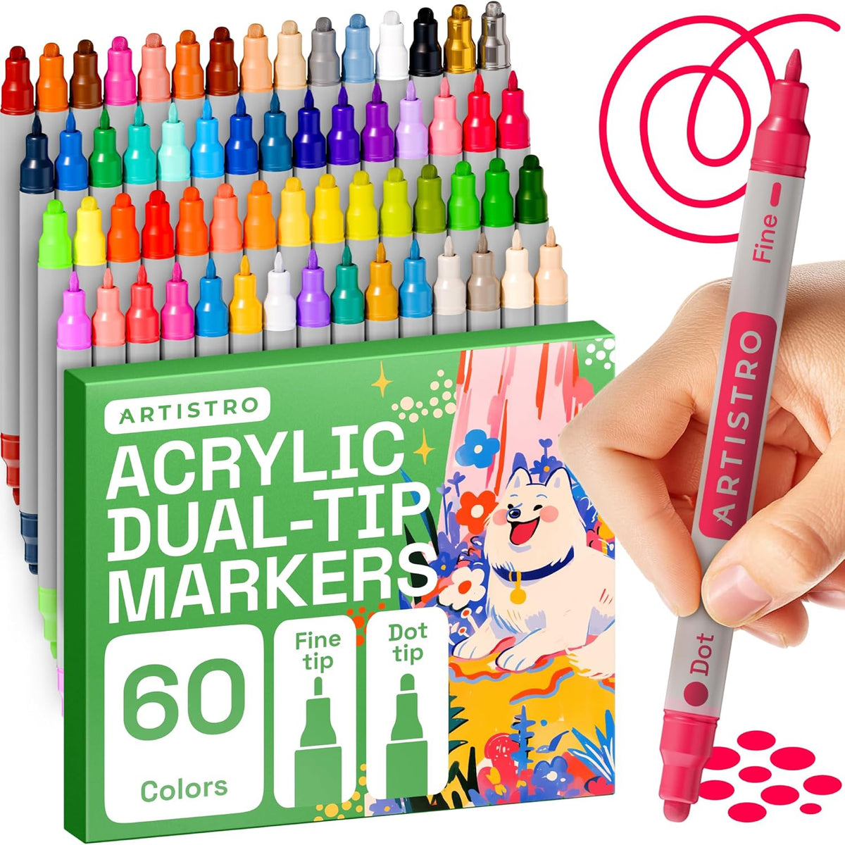 ARTISTRO 60 Dual Tip Acrylic Paint Markers, Acrylic Paint Pens, Fabric Markers for Textile, Rock