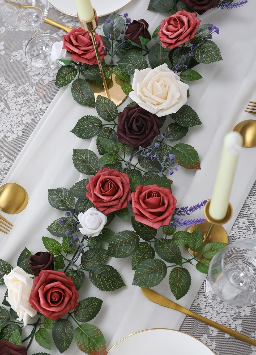 5FT Artificial Rose Flower Burgundy Fake Floral Garland for Wedding Ceremony Backdrop Arch Flowers