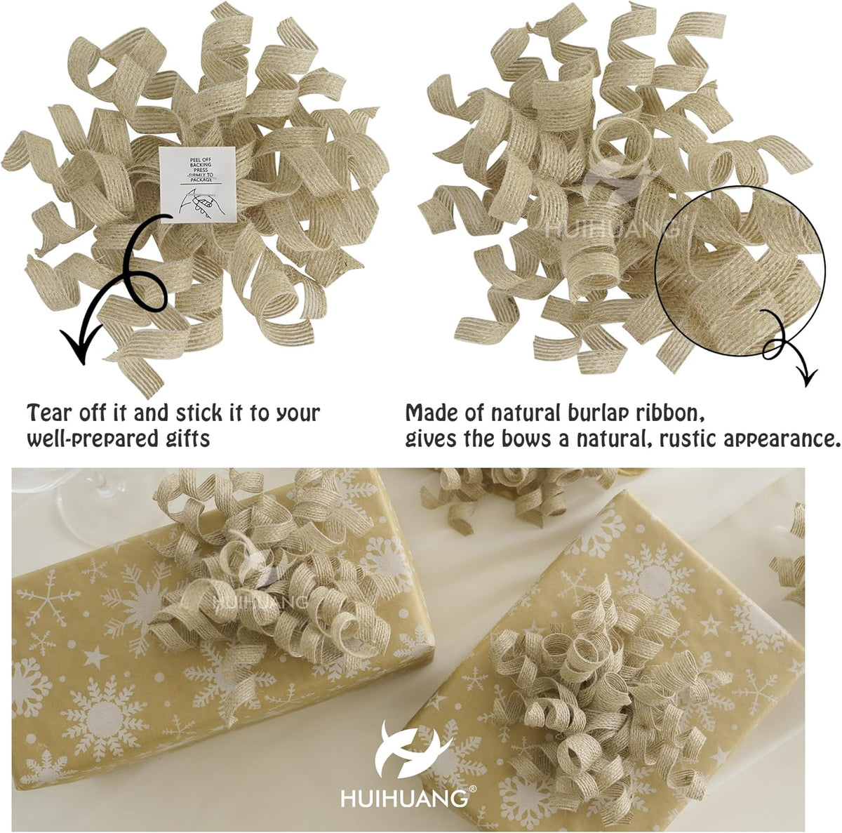 HUIHUANG Burlap Gift Bows Curly Bows for Gift Wrapping Self Adhesive Burst Gift Bow for Baby