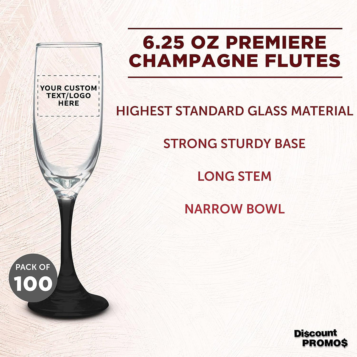 DISCOUNT PROMOS Custom Premiere Champagne Flutes 6.25 oz. Set of 100, Personalized Bulk Pack