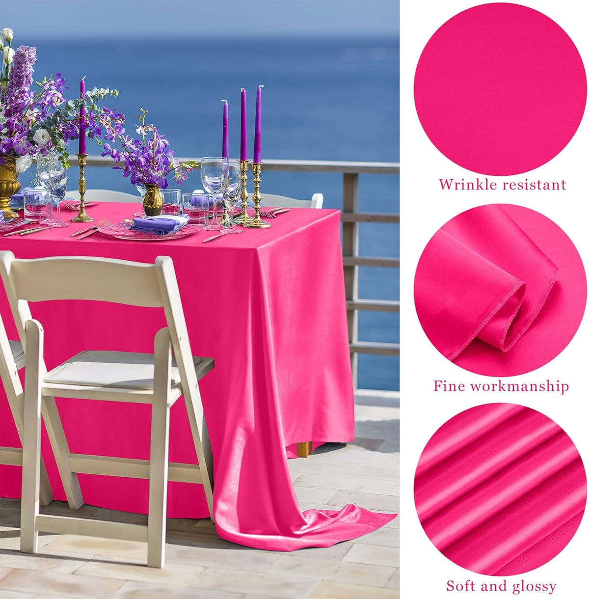 TURSTIN 1 Pack Hot Pink Satin Tablecloth 102 x 58 Inch Overlay Satin Table Cover Rectangle Bright