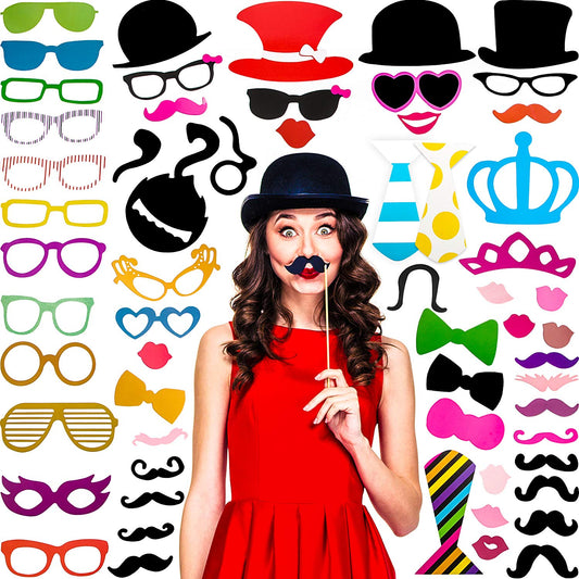 Gejoy 60 Pcs Photo Booth Props DIY Kit Funny Selfie Props Accessories for Grad Wedding Prom Party