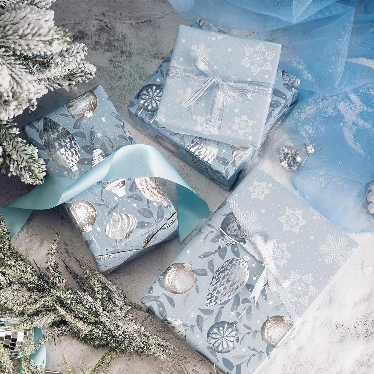LeZakaa Christmas Silver Wrapping Paper Mini Roll, Silver Blue Christmas Ornaments, White Blue