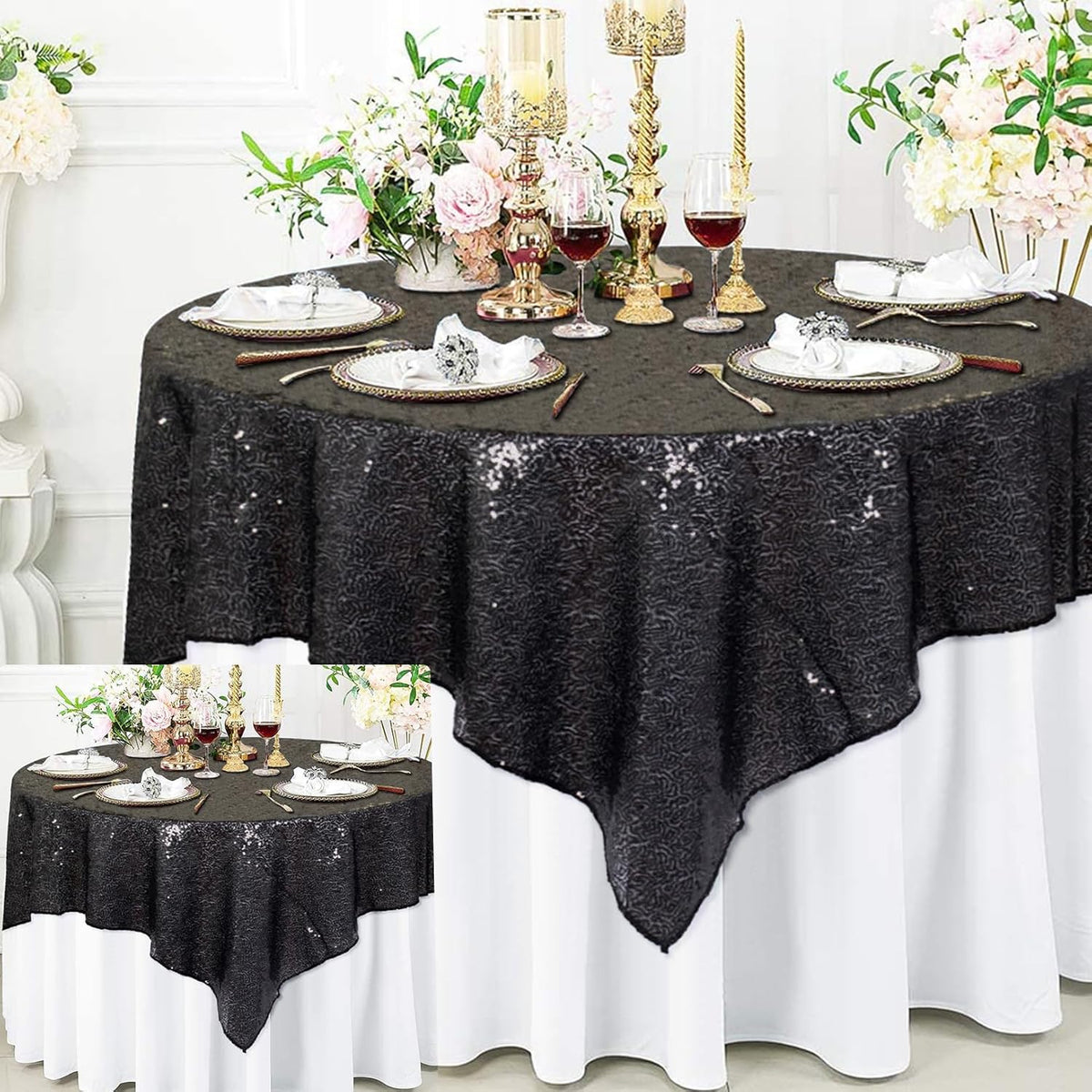 ShinyBeauty 2 Pack 72x72 Inch Black Sequin Tablecloths - Elegant Square Glitter Tablecloth Overlay