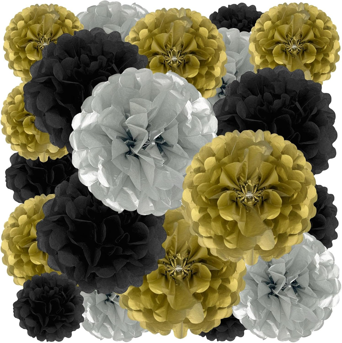 Tissue Paper Pom Poms, Black Gold Silver Tissue Paper Flowers, Hanging Flower Balls for Weddings