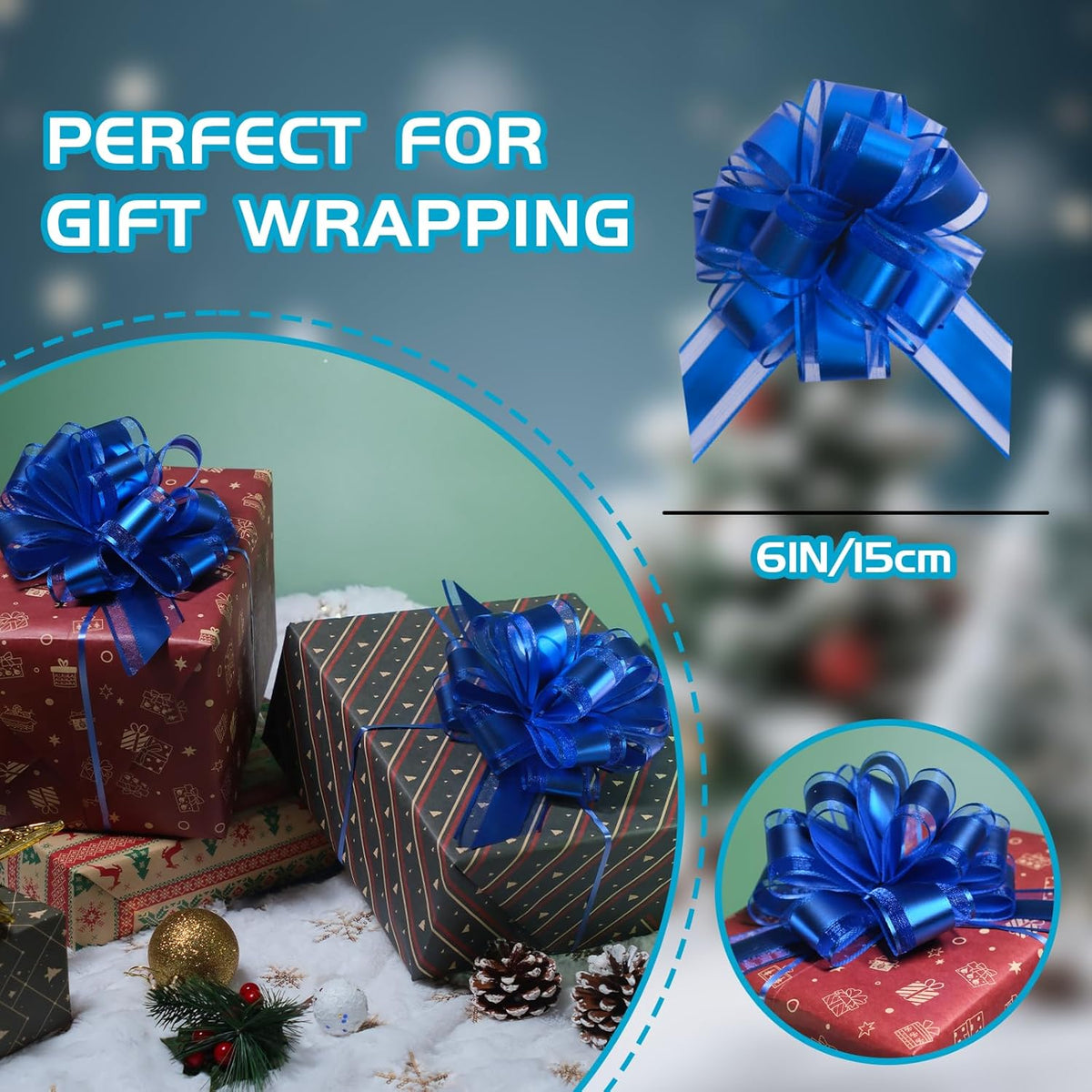 6 Pcs 6 Inch Blue Pull Bows, Perfect for Gift Wrapping, Weddings, Party Decorations, Crafts
