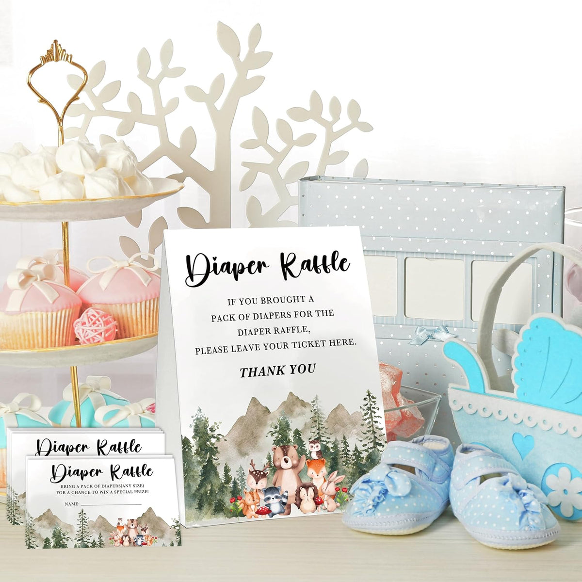 Woodland Baby Shower Game, Jungle Animal Safari 50 Diaper Raffle Tickets with 1 Standing Sign for