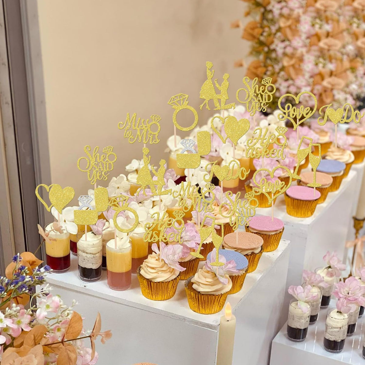 30 PCS He Asked She Said Yes Cupcake Toppers Glitter Engagement Cupcake Toppers Miss to Mrs I Do
