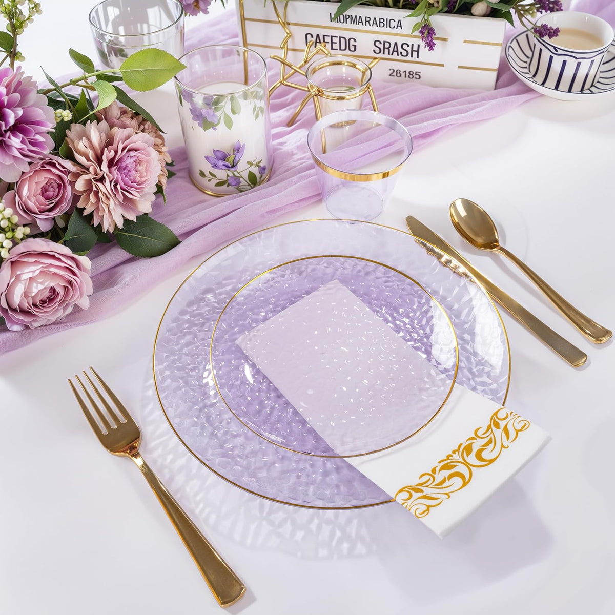 Rubtlamp 350 Pcs Clear Purple Plastic Plates, Gold Plastic Dinnerware Set (50 Guests), Purple