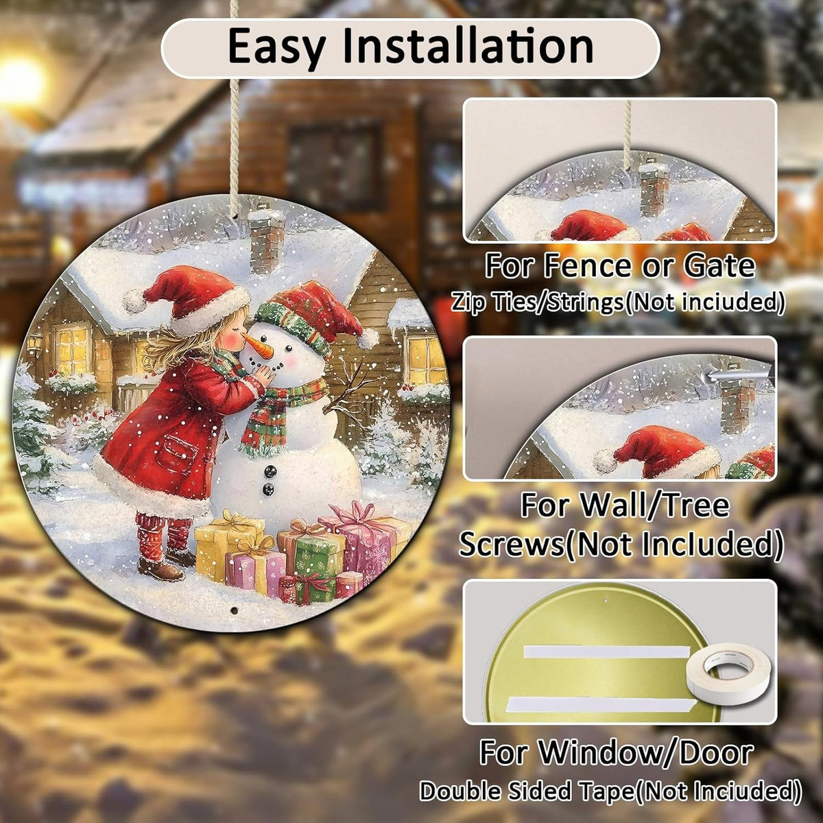 Round Wall Decor Christmas Metal Tin Sign Girl and Snowman Sign Rustic Wall Decor Wall Plaque