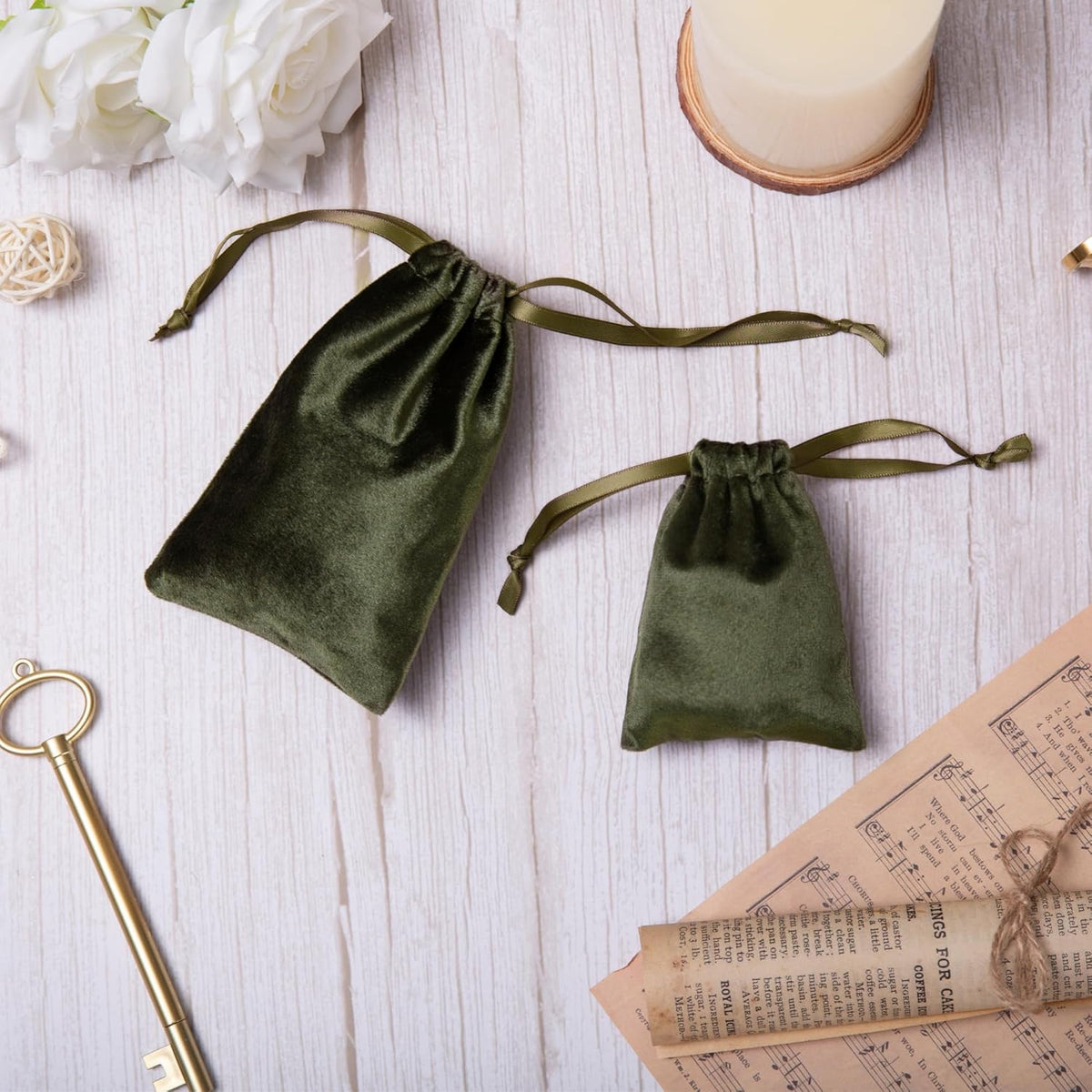 QIANF 12pcs Moss Green Velvet Drawstring Bags 3x4 inches Glossy Small Velvet Cloth Gift Bags