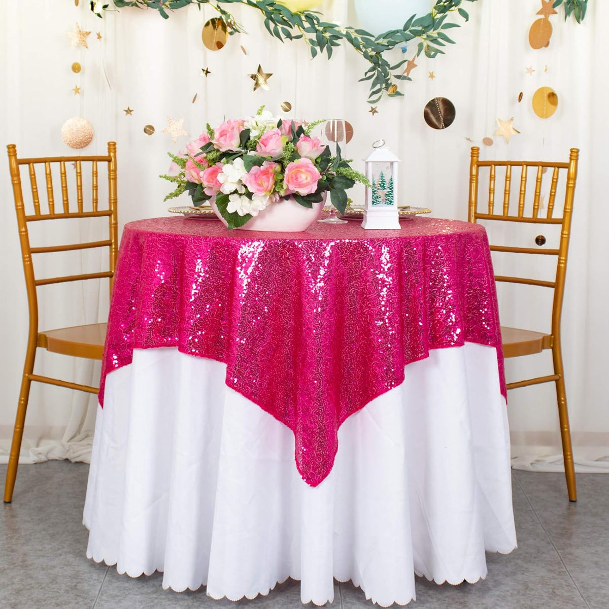 ShinyBeauty Sequin Tablecloth 54x54 Inches - Hot Pink Glitter Table Cover for Dining, Birthday