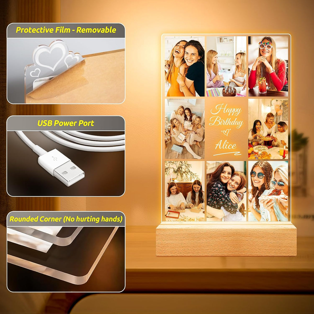 Custom Picture Frames with Photos, Personalized Photo Frame with Night Light, Customized Picture