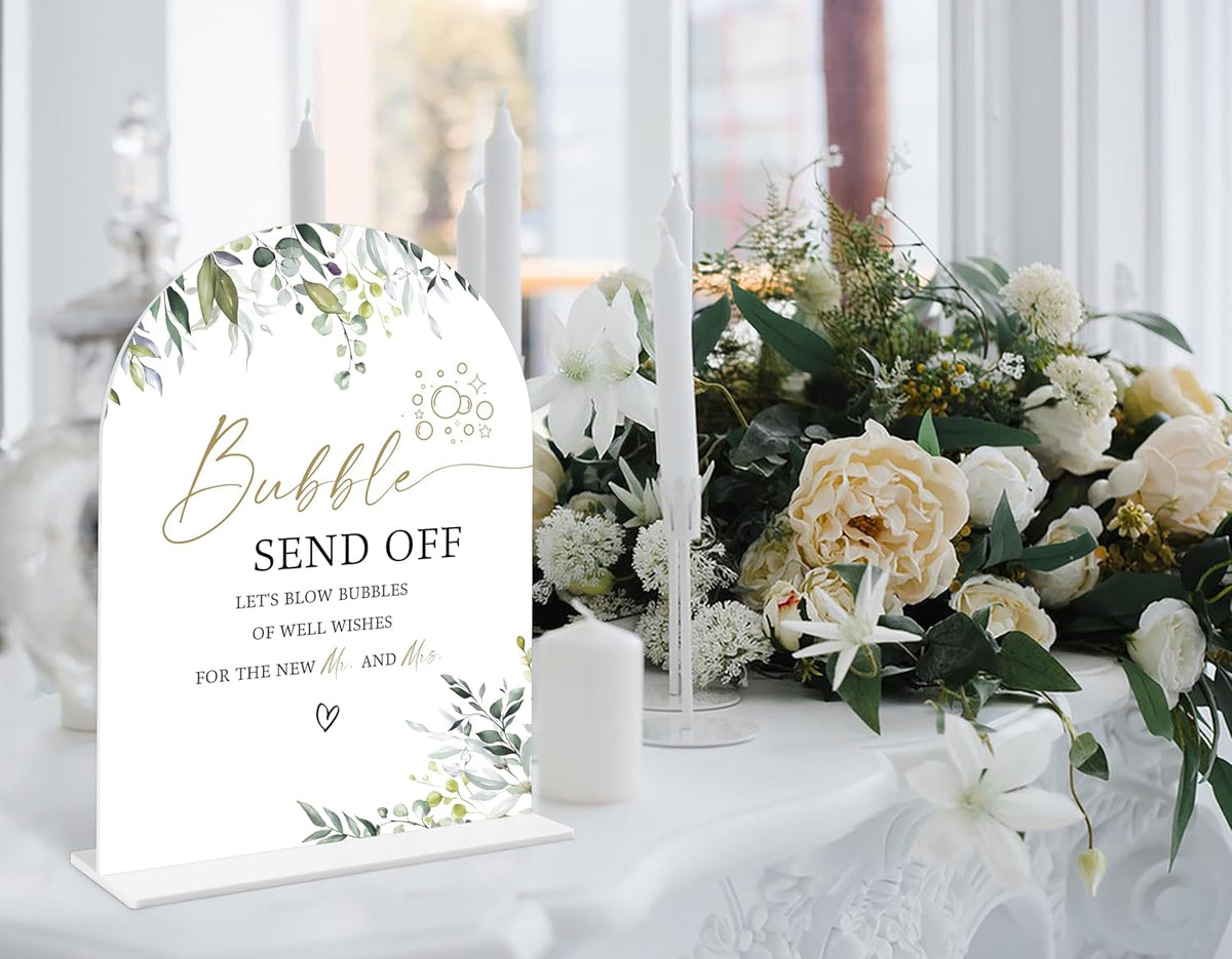 Greenery Bubble Send Off Sign, 6 x 8 Inch White Arch Acrylic Wedding Sign with Holder, Wedding Sign