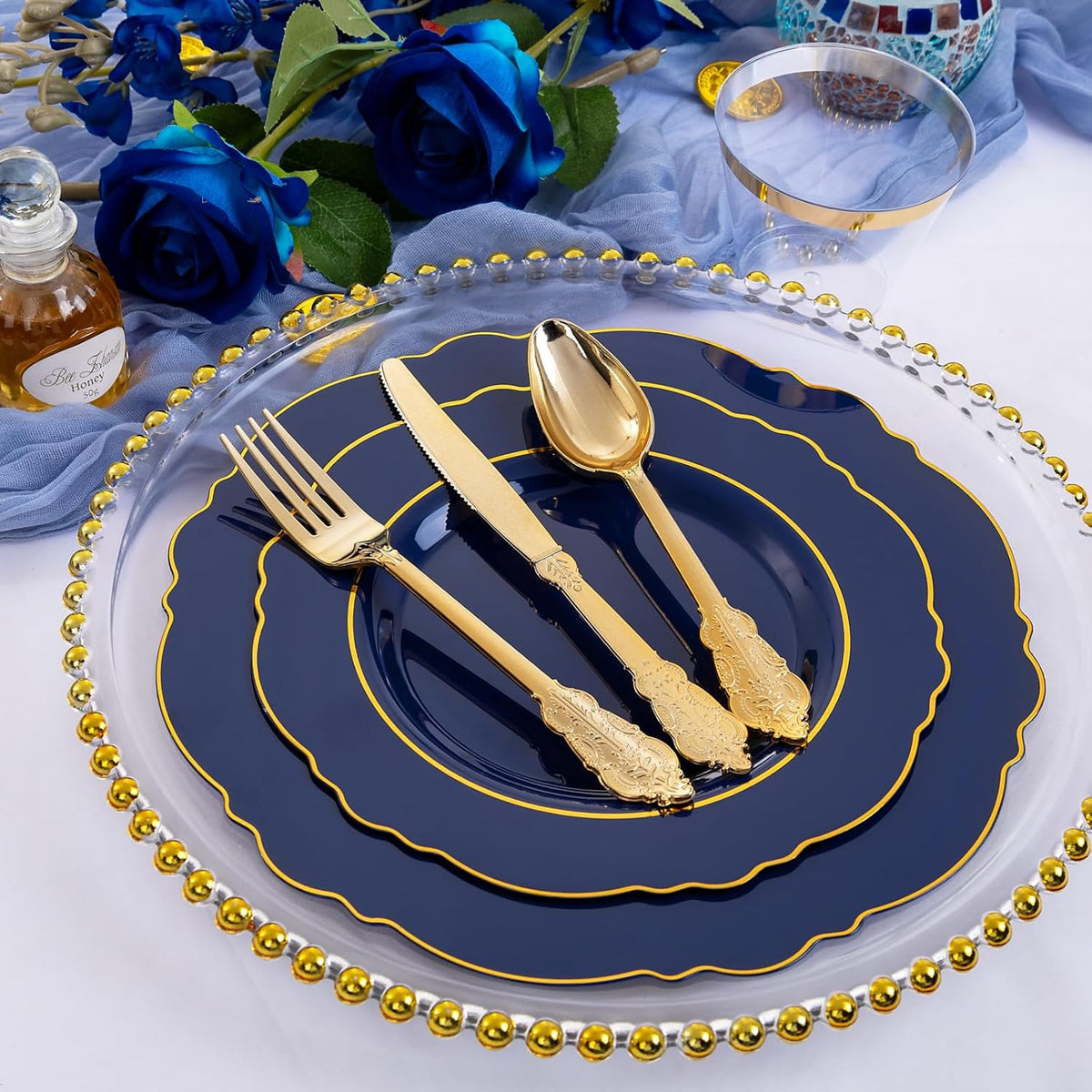 Liacere 350PCS Navy Blue Plastic Plates-Disposable Blue Gold Plates 50guest Plastic Dinnerware