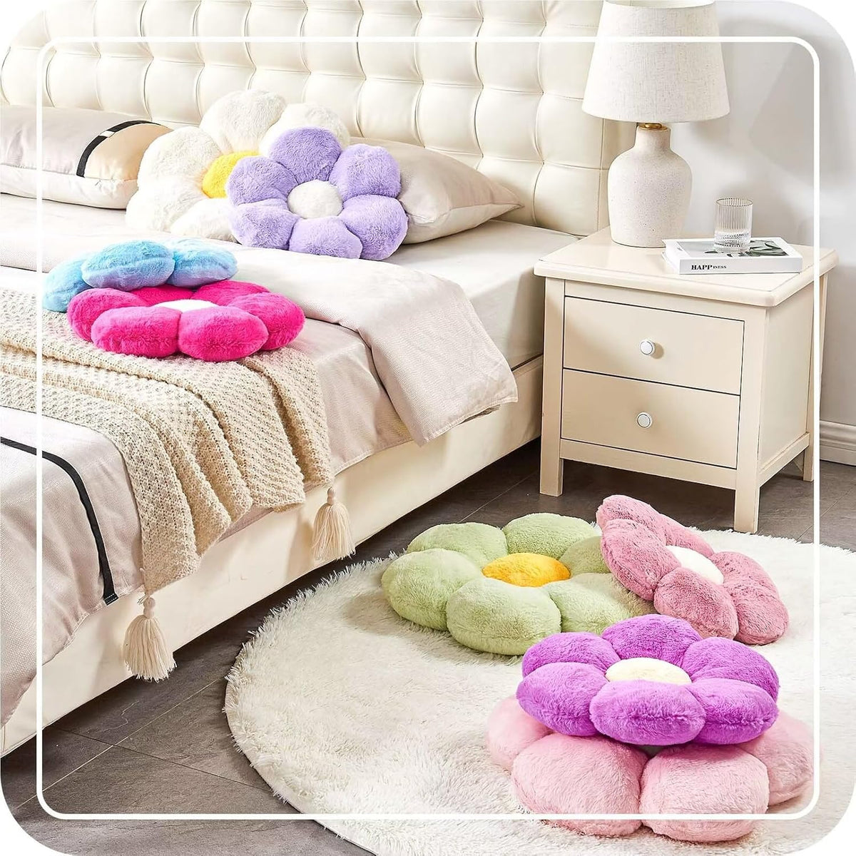 KCVCVR Cute Blue Flower Shaped Throw Pillow with Faux Rabbit Fur, 14.9" Soft Plush Floor Pillow for