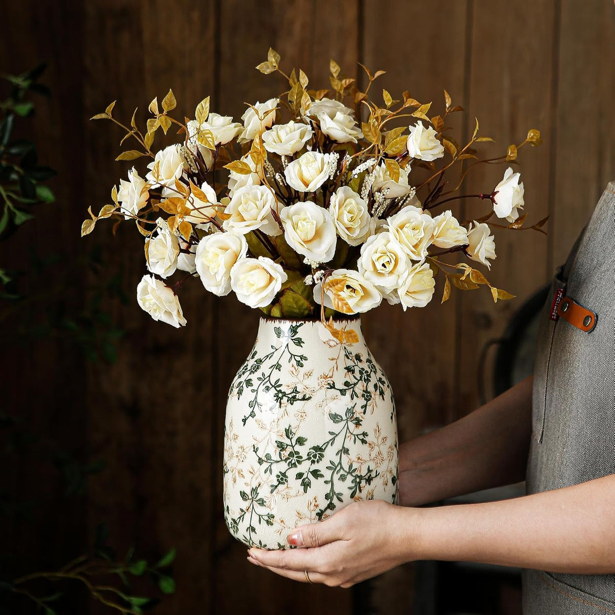 Green and Beige Vintage Vase, Chinoiserie Floral Vase, Rustic Ceramic Large Vases for Home Decors